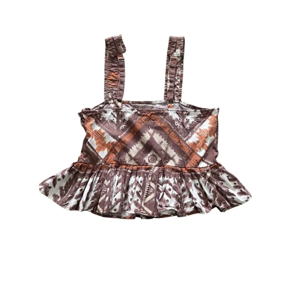 Tribal Print Ruffle Crop Top Cappuccino Brown Cotton XS‎ Boho Festival Resort